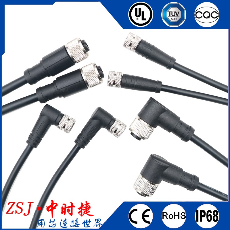 M12-4针5孔8芯12P PUR拖链电线直弯头传感器接头  通配宾得泰科