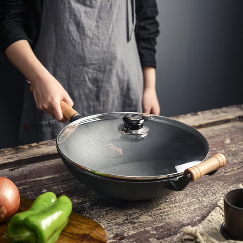 铸铁家炒锅多KITCHEN 功能炒锅老式生铁锅无涂层粘菜锅圆底燃气不