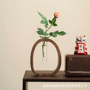 胡桃木实木水培花器桌面摆件迷你玻璃植物插花器花瓶家居玻璃花插