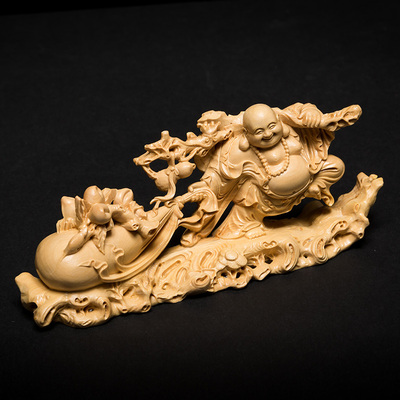 小叶黄杨木雕摆件 精品实木家居装饰雕刻工艺品招财弥勒福满乾坤