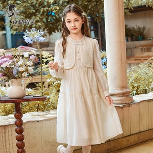 裙子儿童公主裙 洋气中大童秋季 女童假两件蕾丝连衣裙2024秋装 新款