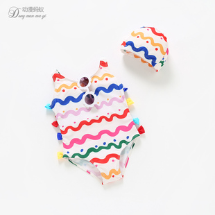 女宝宝泳衣新款 小童条纹沙滩游泳衣小公主可爱儿童连体比基尼泳装