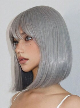 银色假发女齐刘海短发银灰色时尚新款机械感欧美风cos一刀切头套