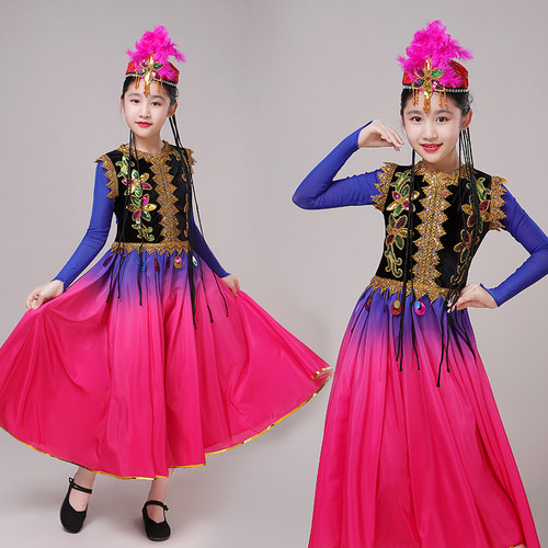 新疆舞蹈服长裙儿童大摆裙民族舞开场舞服装维吾儿族舞蹈演出服女