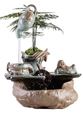 流水摆件陶瓷招财简约小号中式禅意茶桌茶台办公室桌面书房装饰品