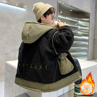 男童加绒外套秋冬款2023新款儿童加厚毛毛衣中大童男孩夹棉服冬装