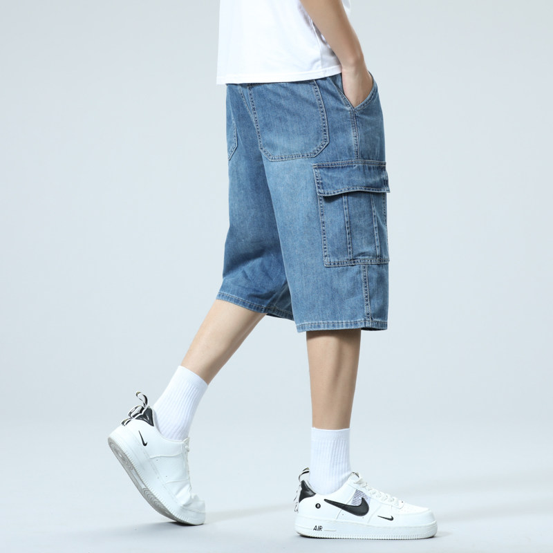 夏季超薄款牛仔短裤男中年爸爸装宽松高腰弹力多口袋工装七分裤7,男装,牛仔裤,淘宝优惠券,粉丝福利购,淘宝优惠卷