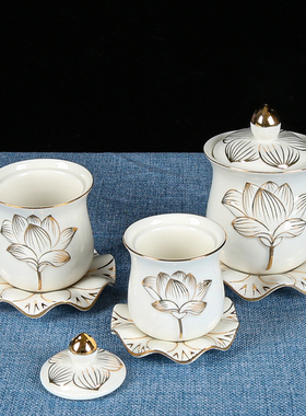 供水杯白浮雕描金莲花供水杯家用佛前供水杯陶瓷供财神观音供水杯