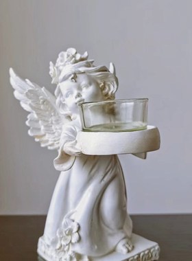 复古做旧翅膀天使手托烛台聚会餐厅客厅浪漫气氛装饰摆件