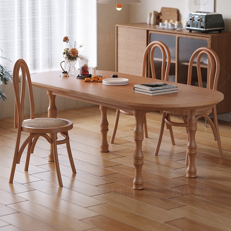 实木中古法式餐桌罗马腿柱设计师原木小户型餐厅椭圆桌饭桌椅组合