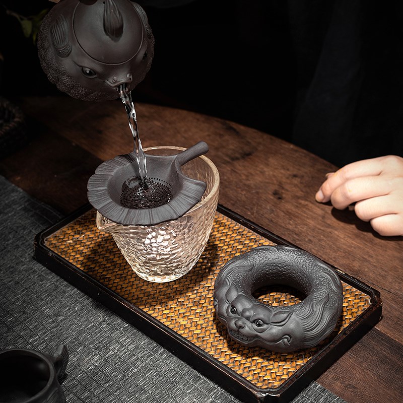 紫砂祥龙一体茶漏架茶宠茶过滤家用创意茶道茶叶过滤器细密过滤网