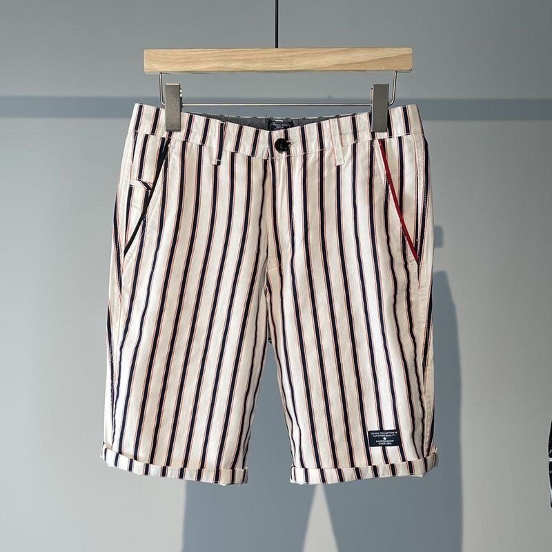 夏季2024条纹修身短裤男士休闲潮流潮流高端轻商务马裤时尚五分裤