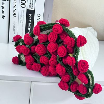 网红玫瑰花毯子毛线花成品手工编织牛奶棉钩织52朵小玫瑰花束毯子