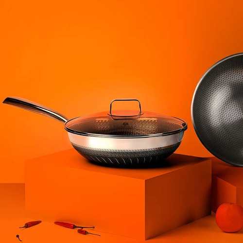 司顿STH2207蜂巢系列316不锈钢双面全花纹32cm炒锅