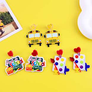 欧美跨境卡通可爱学习用品爱心耳环 个性时尚流行闪粉返校季耳饰