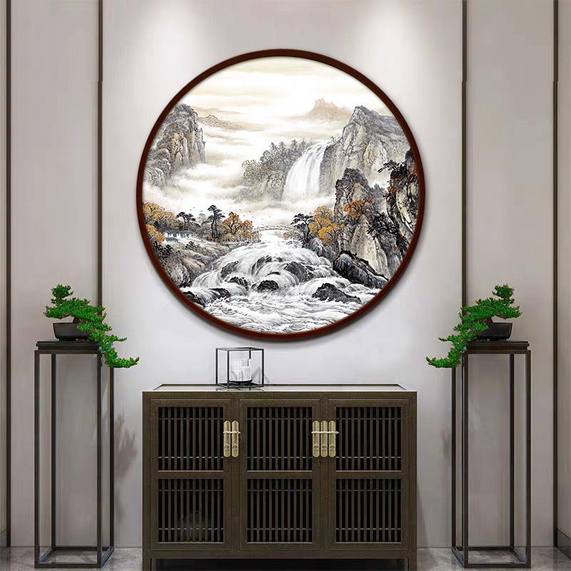 圆形山水挂画客厅装饰画茶室墙面办公室风景壁画玄关新中式背景墙图片
