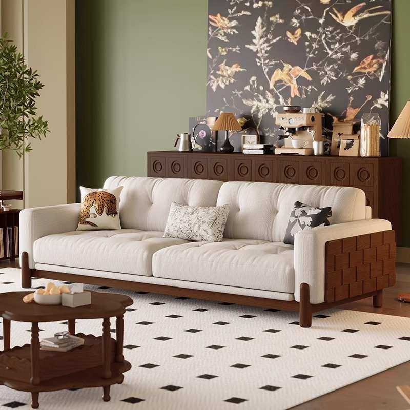 北欧全实木沙发法式复古小户型客厅三人位中古风直排简约布艺沙发