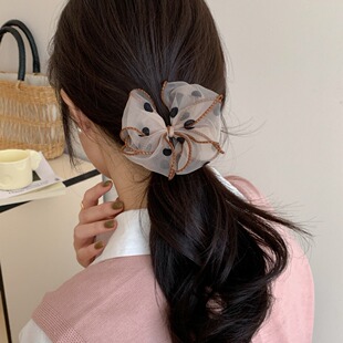 欧根纱结发圈高级感网纱头饰黑色超仙褶皱头绳女波点皮筋皮套