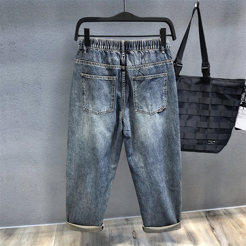 高端复古水洗松紧腰抽绳潮牌牛仔裤男夏季宽松直筒裤美式高街长裤