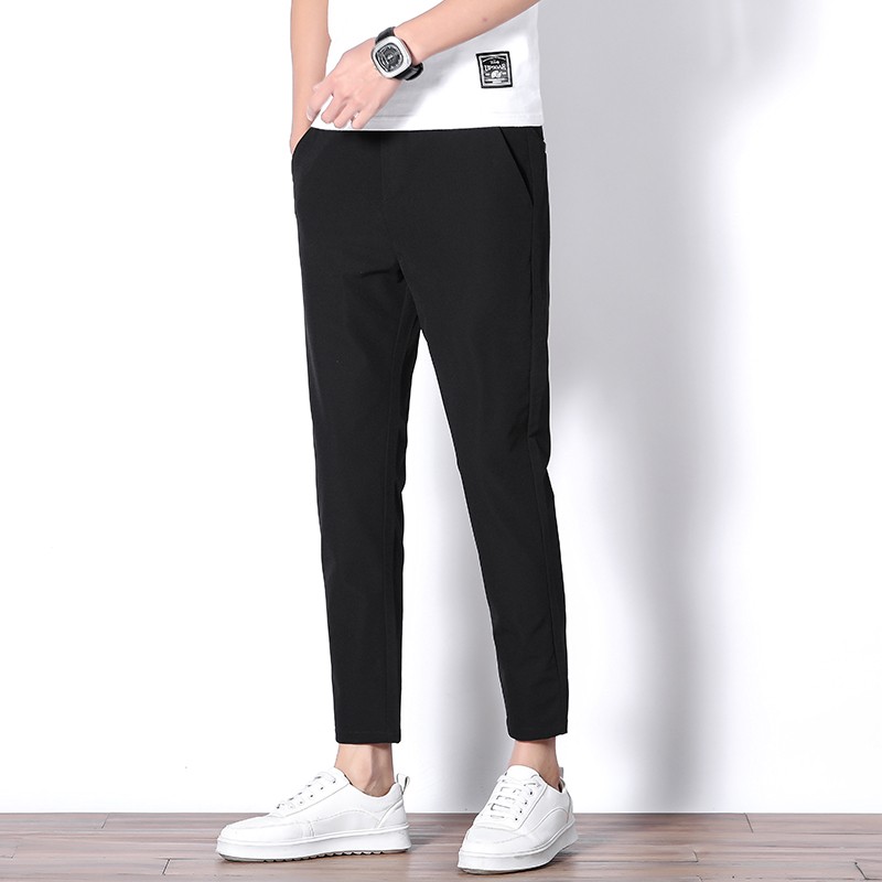 秋季男士休闲裤潮流百搭厚款加绒长裤黑色九分裤男裤修身小脚秋冬