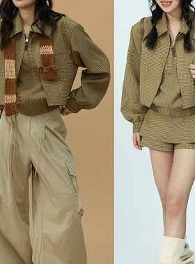 PABO笨狗老钱风英伦大小姐假两件夹克短裙黄棕格短款外套套装秋冬