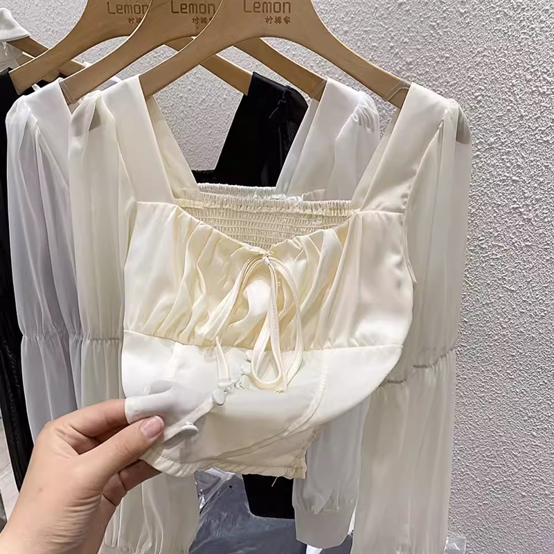 2024春季方领长袖雪纺衬衫女高级感设计感小众修身别致泡泡袖上衣