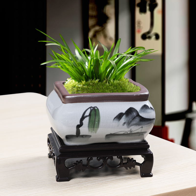 紫砂手绘小号多肉花盆带底座家用阳台桌面菖蒲兰草微景观造景盆栽