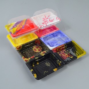 一次性花纹双粒正长方形两个装带盖饭团刺身外卖寿司专用打包盒