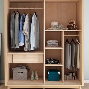 纯实木新中式现代简约衣柜推拉门卧室家用两门四门柜子橡木大衣橱