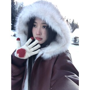 Joeyoo李乔优 勃艮第假日 红色皮衣女装冬季毛领连帽棉服夹棉外套
