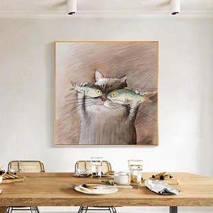 猫咪餐厅背景墙挂画饭厅装饰画现代风格厨房壁画温馨系正方形