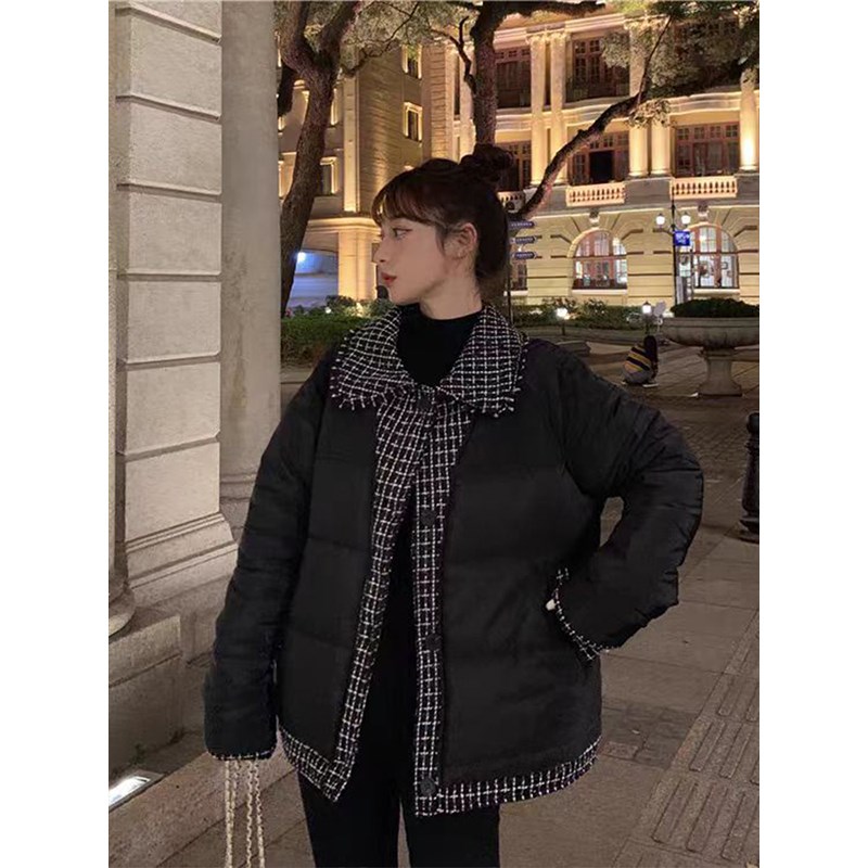 特大码女装胖mm假两件羽绒棉服秋冬高级感格子外套加厚保暖棉衣女