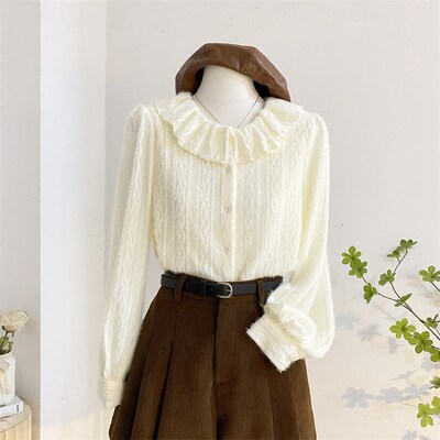 法式荷叶边娃娃领蕾丝衬衫女秋冬加绒加厚减龄内搭打底小衫上衣杏