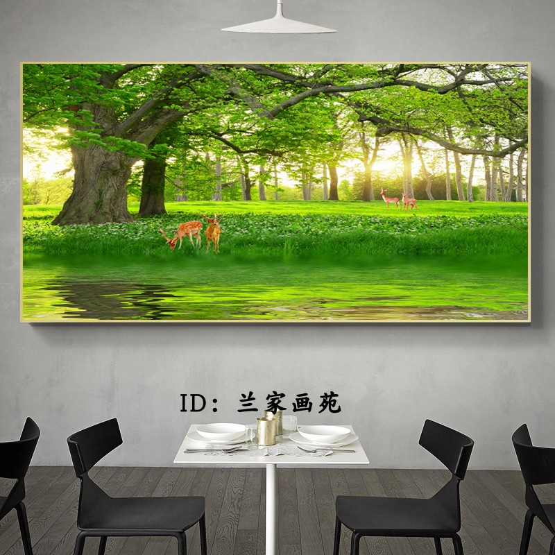 客厅沙发电视墙壁画风景树装饰画绿色大树晶瓷画花鸟森林麋鹿挂画图片