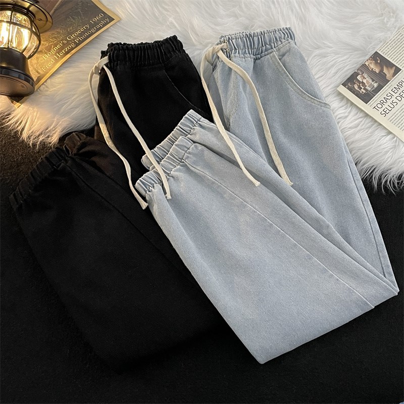 2024夏季薄款松紧腰抽绳牛仔裤男装宽松直筒青少年嘻哈九分束脚裤