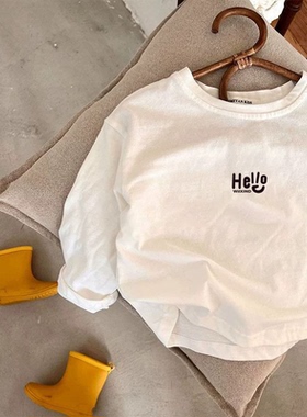 儿童白色长袖T恤字母春秋2026新款韩版宽松休闲百搭男女童打底衫