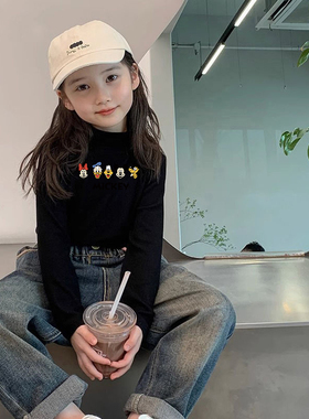 2025冬季新款女童米奇卡通半高领德绒长袖T恤儿童保暖打底衫上衣