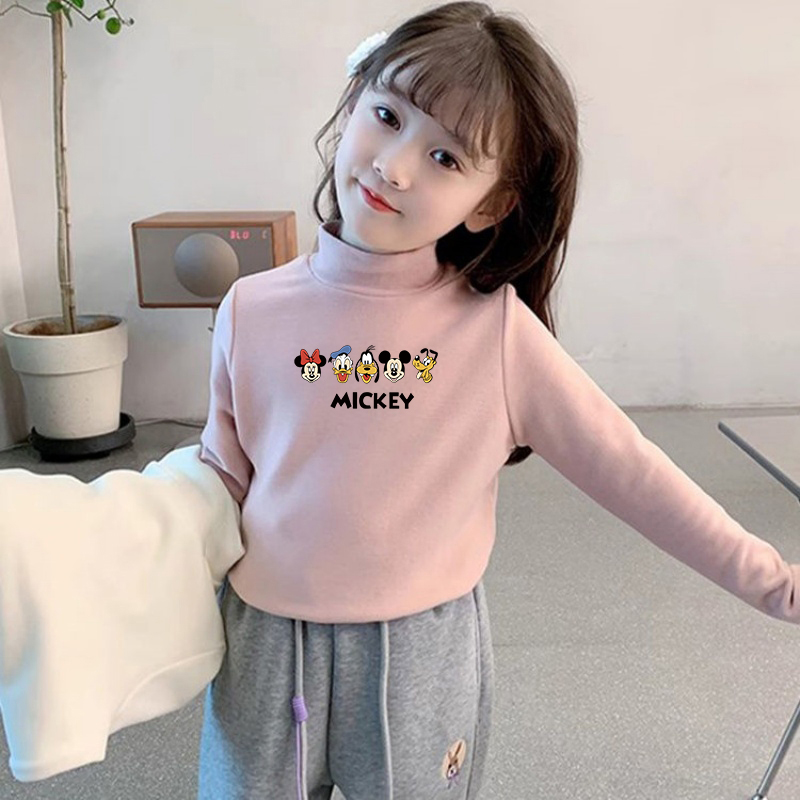 2025新款女童米奇卡通半高领德绒长袖T恤儿童加绒保暖打底衫上衣