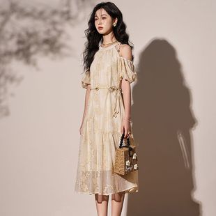 甜美露肩挂脖连衣裙子女2024夏季 法式 温柔初恋气质度假仙女长裙女