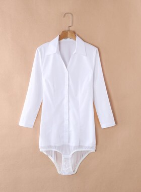 2023新款V领高端蓝色短袖连体衬衫女竹纤维棉弹力收腰带档衬衣