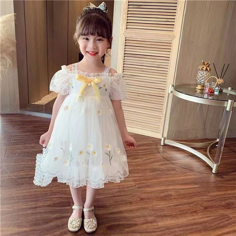 女童公主裙夏装儿童裙子2023新款网纱小雏菊露肩洋气小女孩连衣裙