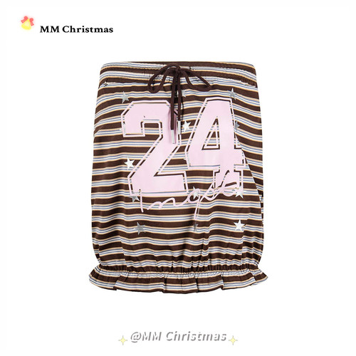 MMChristmas韩系辣妹字母星星拼色条纹荷叶边显瘦短款抹胸女 26夏