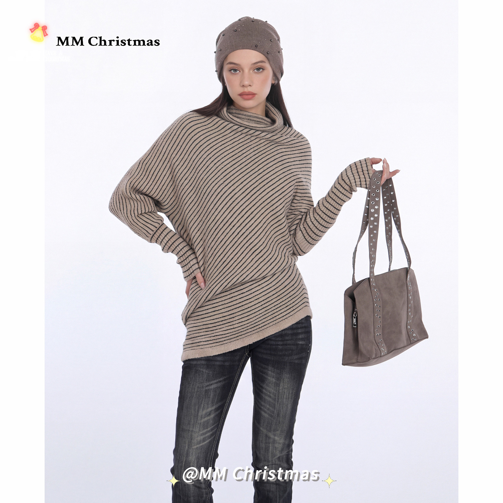 MMChristmas慵懒风条纹高领针织衫女秋冬修身显瘦长袖不规则毛衣