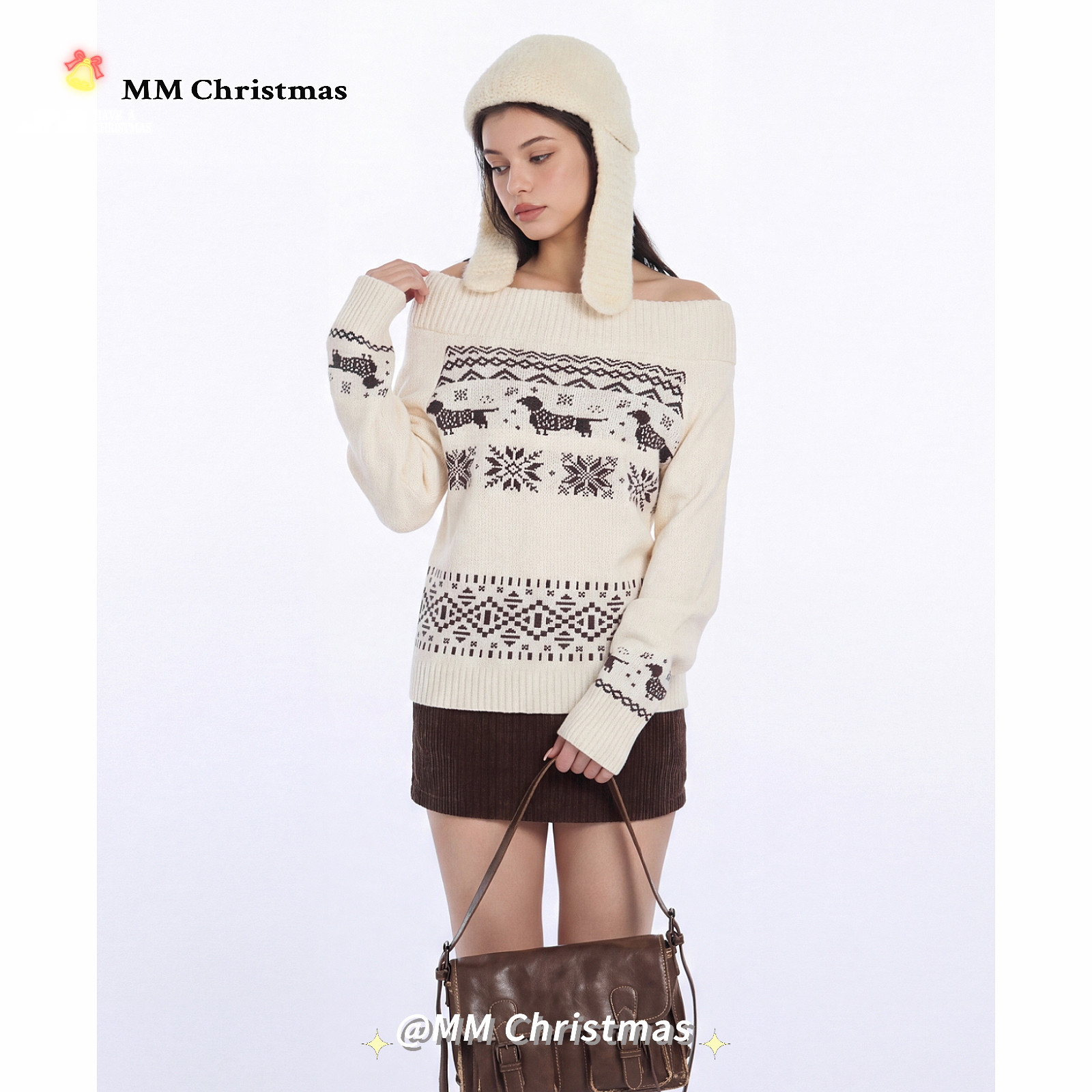 MMChristmas费尔岛提花一字肩毛衣女秋冬慵懒风腊肠狗露肩针织衫
