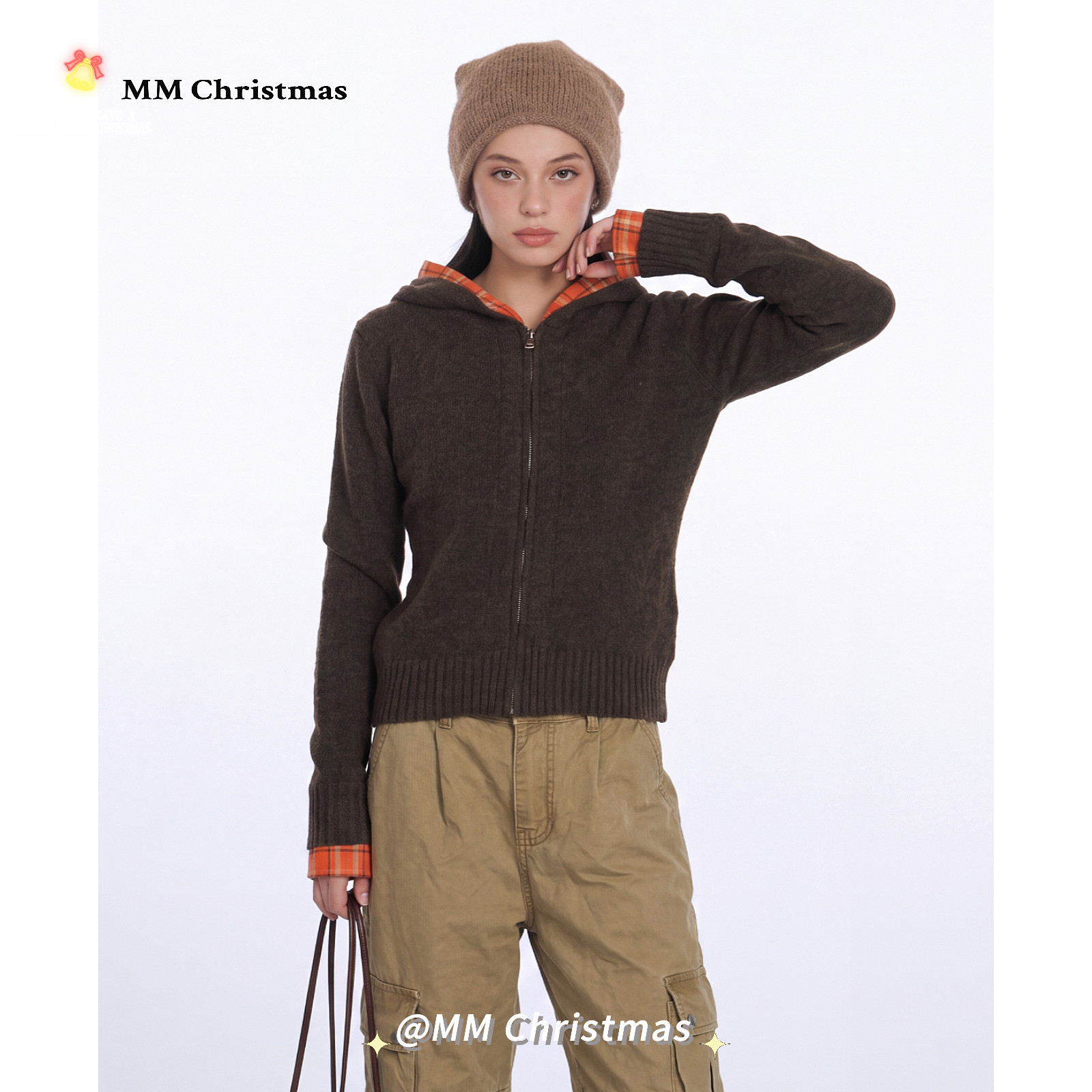 MMChristmas假两件连帽针织开衫女秋冬休闲修身短款拉链毛衣外套