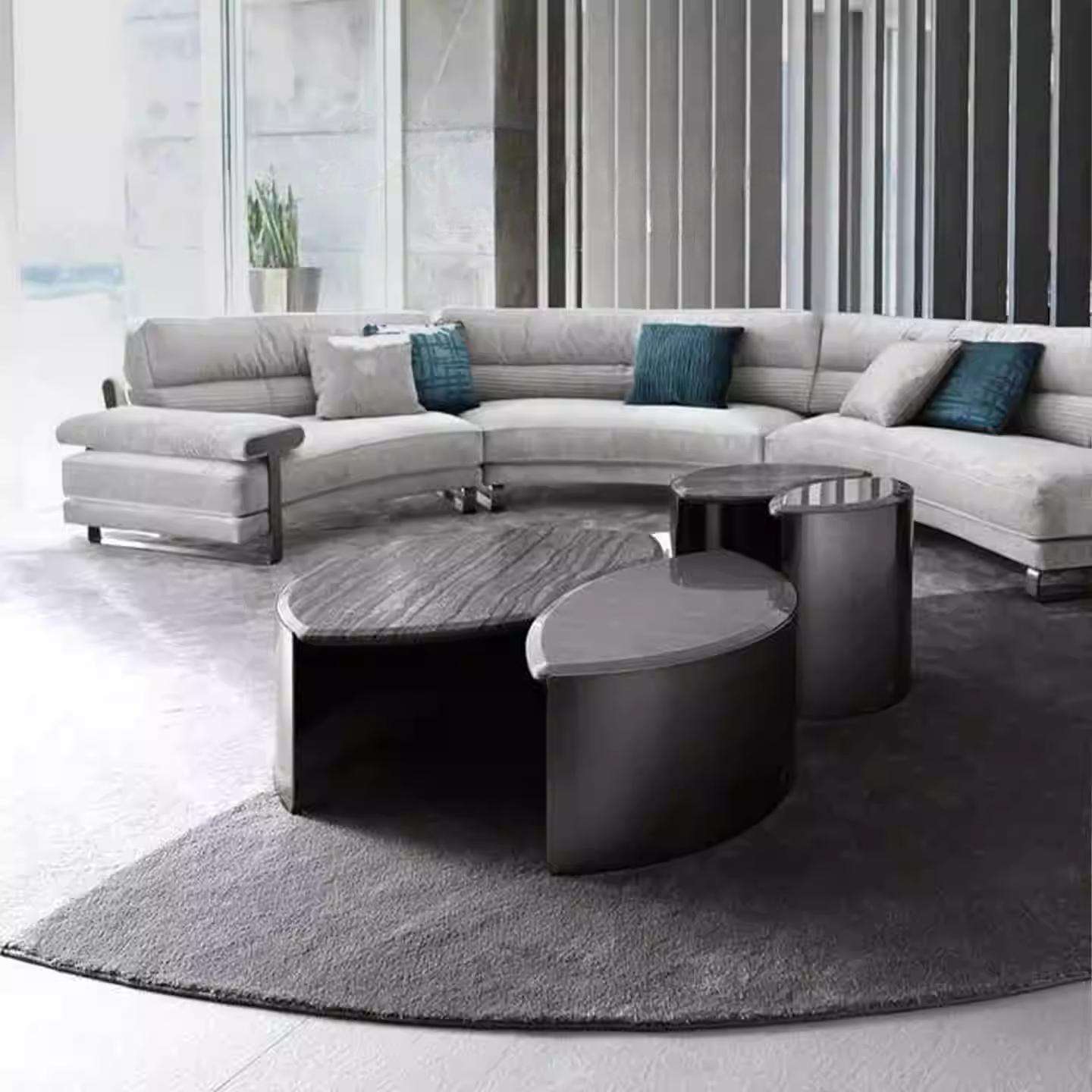 意大利新款轻奢风大理石茶几家用不锈钢奢石茶桌古木纹别墅家具