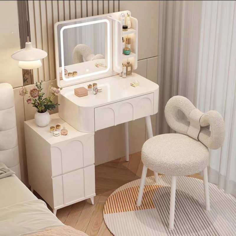 ir奶油梳妆台卧室现代简约化妆台镜子小型收纳小户型书桌斗柜