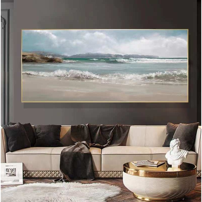 纯手绘海景装饰画横幅大尺寸客厅沙发背景挂画抽象轻奢风海浪油画