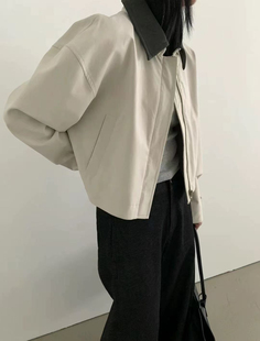 about 现货韩系简约拼色皮衣 moon～正版