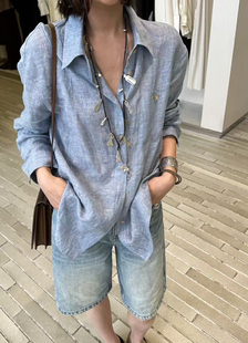 ONI欧尼～正版夏上新韩系简约百搭慵懒风亚麻衬衫蓝色宽松高级感